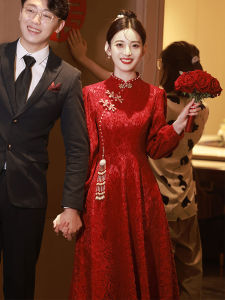 New Chinese Style Wedding Dress Red Lace Engagement Suit Womens Spring Summer A-Line Skirt Long Sleeve mid Waist Vintage Wind