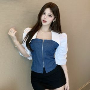 GUZILIAN | Slimming Denim Blouse with Shirt Collar Puff Sleeves Zipper Design