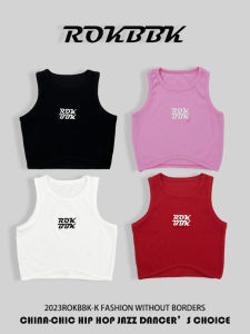ROKBBK-K ผู้หญิงสไตล์ Street แจ๊สแดนซ์แขนสั้นเสื้อครอปเปลือยหลากสีสลิมฟิตผ้าฝ้ายโพลีเอสเตอร์สแปนเด็กซ์
