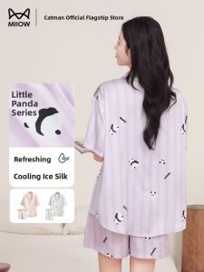 Miiow | MiiOW Summer Ice Silk Panda Womens Sleepwear Short Sleeve Thin Home Clothes Set Cute Cartoon Print Breathable Cool Feeling