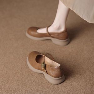Leather Mary Jane Flat Shoes for Women Comfortable round Toe Slip-On Fashionable Korean Style Autumn New Arrival Sheepskin