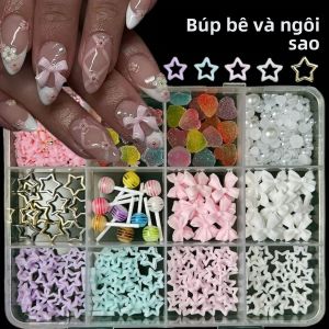 Phụ Kiện Trang Trí Móng Tay Hình Kẹo Mút Trái Tim Phủ Sương Sáng Tạo Chất Liệu Nhựa Resin Hình Sao Rỗng 3D Màu Trơn Hoa Nhỏ Tự Làm 1 Hộp