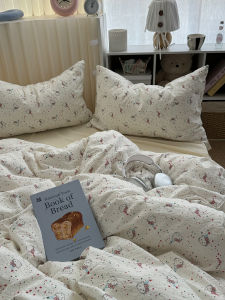 Sanrio Simple Fresh Blue Checkered KT Cat Washed Cotton Four-Piece Set All Cotton Cover Student Three-Piece Set Bedding Sheets