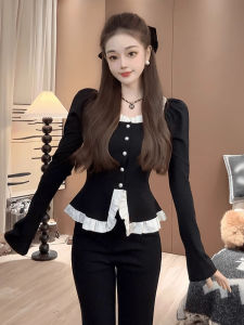 Classic Style Square Collar Patchwork Shirt for Women Spring & Fall New Design Sense Waist-Controlled Slim Fit Slimming Versatile Short Top Trendy