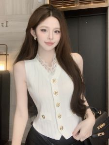 GUZILIAN | Spring New Style Lace Splicing Knitted Vest Design Retro Beautiful Sleeveless Top Korean Version Commute Style For Young Women