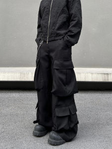 BLAEXIT American Style Black Multi-Pocket Work Pants Mens Casual Loose Fit Straight Leg Drapey CleanFit Leisure Trousers