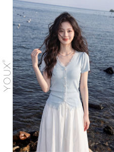 YOUXIANG | Đồ Knitwear Ôm Body Tay Ngắn Cổ V