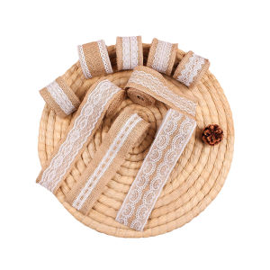 FASHION กว้าง 5cm ยาว 2m ม้วนริบบิ้นผ้ากระสอบแต่งด้วยลูกไม้สไตล์วินเทจ สำหรับตกแต่งของขวัญ Linen lace