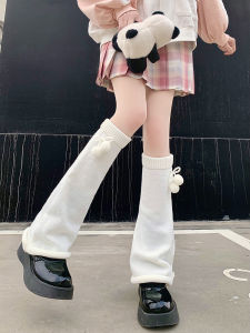 Knitting Wide Leg Fur Ball Bows Pile Style Foot Sock Fall and Winter Subculture Cute Lolita Long and High Calf Leg Warmer White