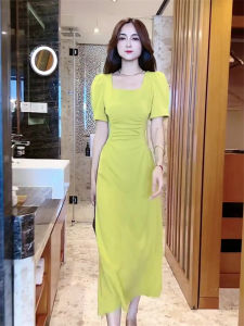 Slimming Mid-Length Bubble-Sleeve Dress Womens Elegant Versatile High-Waisted Korean Style A-Line Summer New Arrival