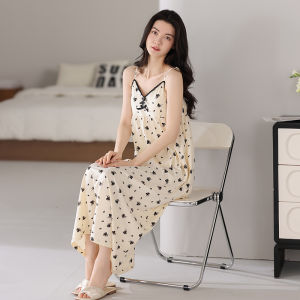 MiiOW | MiiOW Cat Person Summer New Style Womens Sleepwear Home Clothes Strap Dress With Chest Pad Medium Length V-neck Striped Dress