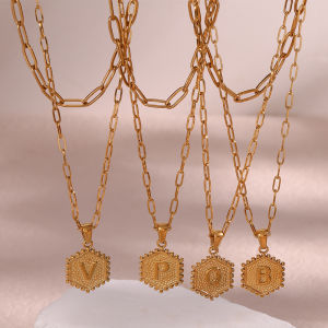 Must-have New Hexagonal Shape A-Z 26 Alphabet Letters Necklaces For Woman Double Layer Link Chain Gold Plated Initial Necklace