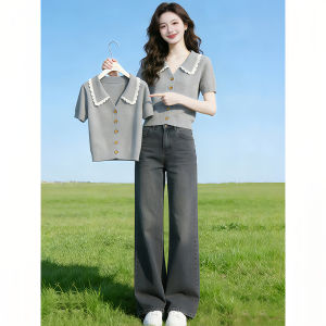 Shalldoer | Lace Ruffles Button Collar Short Sleeve Knit Top