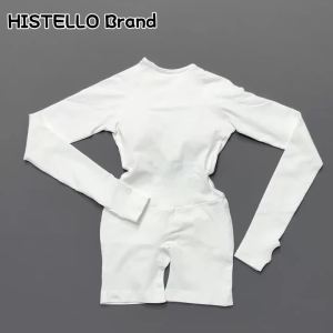 HISTELLO Thể Thao Nữ Dài Tay Một Mảnh Yoga Jumpsuit Khoét Lưng Slim Fit Mềm Mại Co Giãn Thể Dục Chạy Bộ Tập Gym Bodycon