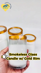 YHF Smokeless White Glass Candle with Gold Rim | Premium Dripless Wax | Long-Burning Candle for Cemetery Undas