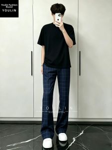 YOULIN | Blue Check American Summer Thin Breathable Clean Fit Flared Tapered Casual Pants
