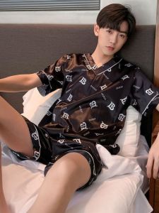 Short Sleeve Pajamas Mens Summer K-style Cartoon Loose Plus Size Artificial Silk Homewear Ins Ice Silk Two-Piece Suit