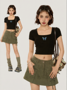BAIDAIFEI | Square Neck High Waist Slim Fit T-shirt