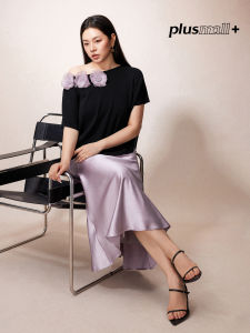 French Style Summer 3D Floral Knit Top Satin Mermaid Skirt Set