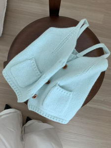 สีฟ้าอ่อน คอวี ถัก เสื้อกั๊ก ผู้หญิง เสื้อแจ๊กเก็ตแฟชั่น ฤดูร้อน ฤดูใบไม้ร่วง ตามฤดูกาล ระบายอากาศได้ดี สีทึบดูดซับเหงื่อ เสื้อสเวตเตอร์