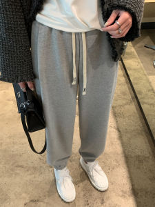 Gray Fleece Lined Casual Sports Pants for Women High Waist Straight Leg Loose Fit Drawstring Cotton Blend Autumn Winter Trousers