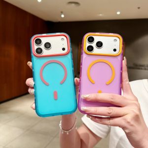 MagSafe Magnetic Phone Case for iPhone 13 14 15 16 17 Pro Max 18 Pro Max 14 15 16 Plus Macaron Color Contrast Frame Matte Translucent Cover Support Wireless Charging Shockproof Protective Casing