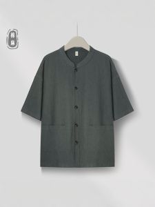 เสื้อเชิ้ตผ้าลินินบางหลวมๆ สำหรับผู้ชาย ฤดูร้อน แขนสั้น ผ้าลินินผสมผ้าฝ้ายสไตล์ย้อนยุค แฟชั่นสำหรับผู้ชาย