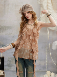 Unifree | Layered Ruffled Spaghetti Strap Chiffon A-Line Printed Top