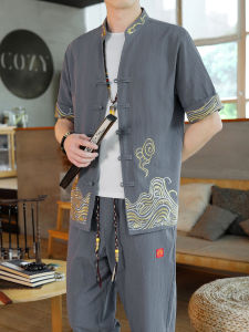 Cotton Linen Mens Summer Short Sleeve T-Shirt Style Tang Suit Hanfu Set Slim Fit Embroidered Youth Fashion Daily Wear Cool Sensation