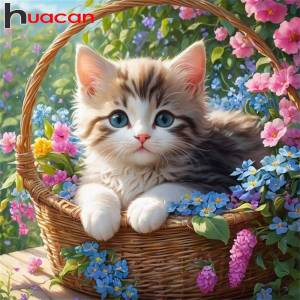 Huacan Diamond Painting Kit Cat Animal Flower Basket Landscape Full Round Square Diamond Mosaic Home Wall Decoration