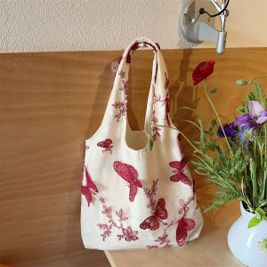 Large Capacity Embroidered Lace Butterfly Canvas Casual Womens Shoulder Bag Street Trend Cool Hobo Bag Daily Use Teenagers