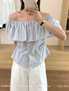 French Vintage Loose Design Womens T-shirt Summer Lazy Style Bell Sleeve One Shoulder Top Elegant Pure Color Knitted Short Sleeve