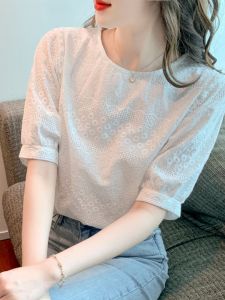 Summer 2025 Womens Cotton Embroidered T-shirt Bubble Sleeve Loose Belly Covering Short Sleeve round Neck Korean Style Top