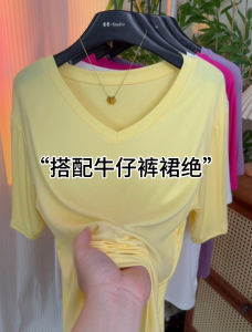 Áo Thun Nữ Dáng Rộng Cổ Chữ V Tay Ngắn Màu Trơn Mùa Hè Cỡ Lớn Thời Trang Hợp Thời Trang Đa Năng Che Giấu Mỡ Giảm Béo