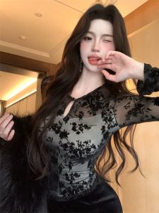 GUZILIAN | Elegant Black Velvet Long Sleeve T-Shirt And Mini Skirt Set For Young Women Spring Season Comfortable Slim Fit Hollow Out Design