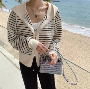 Stripe Hooded Wool Sweater Coat Short