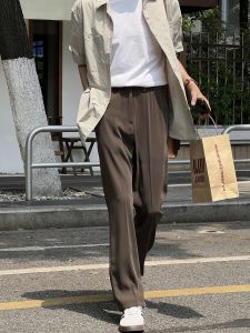 Korean Style Summer Mens Floor-Length Casual Straight Leg Suit Pants Pure Color Drapey Fashion Design Youth Popular