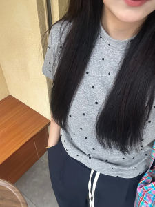 Nini One Polka Dot Short Sleeve T-Shirt Retro Korean Style Slim Fit round Neck Shoulder Length Regular Summer Print Casual