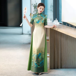 Green Aodai Qipao Chinese Style Improved Dress Women Elegant Stage Performance Costume Print Flower Vestidos Banquet Gown