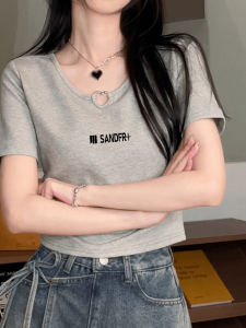 American Retro Shoulder Short Sleeve T-Shirt Womens Summer 2024 New Arrival Minimalist Letters Print Slim-Fit Crop-Top Ins