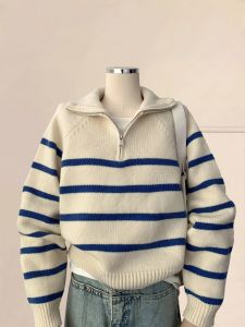 South Korea White Stripes Half Zipper Polo Collar Sweater Womens Autumn and Winter Soft Glutinous Knitting Inner Bottoming Shirt Tops