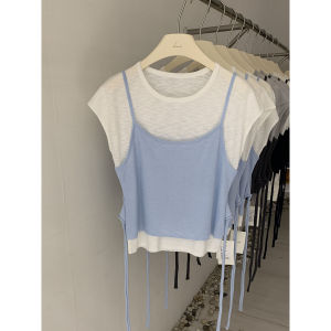 Ice Silk Cool Feeling Short Sleeve Knitted Slimming Belt Design Korean Style Casual Womens Top for Commuting Summer Fashion