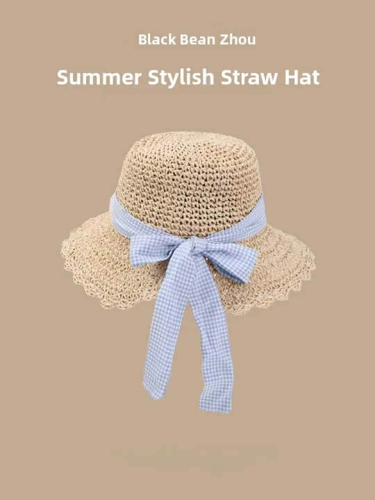 Sweet%20Lace%20Straw%20Women%20Handwoven%20Summer%20Sun%20Protection%20Travel%20Large%20Brim%20Beach%20Sunshade%20Hat%20Casual%20Style%20round%20Top%20-%20Image%205
