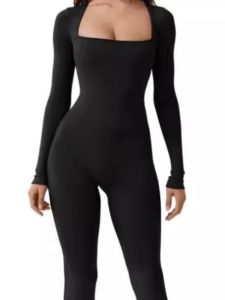 Sporty Square Collar Wide Leg Jumpsuit Long Sleeve Casual Pants High Waist Trousers Elegant Commute Style Folded Hem