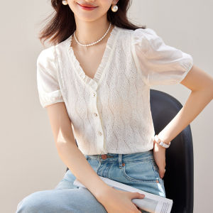 DAIXIANGFEIZI | Lace V-Neck Stylish Chiffon Blouse Short Sleeve