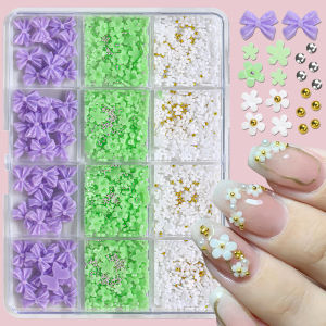 12Grids 3D White Green Acrylic Flower Nail Charms Purple Bow Gold Silver Round Beads Nail Art Decorations Spring Manicure Parts