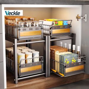 Veckle Pull Out Rack Kitchen Under Sink Organizer Basket Rack Sliding Storage Organizer Cabinet Condiment Storage Condiment Storage Basket