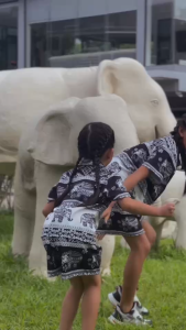 เสื้อฮาวาย+กางเกงขาสั้น เด็ก ลายช้าง ผ้าไหมอิตาลี เด็กชาย/หญิง ใส่ได้ พร้อมส่งจากไทย