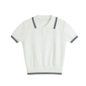 YUEZHONGWEI | เสื้อยืดคอโปโลผ้าไหมน้ำแข็งสั้นทรงสลิมฟิตสำหรับฤดูร้อน เสื้อแขนสั้นผู้หญิง สไตล์เกาหลี ทรงปกติ คอกลม แขนสั้น