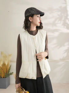 Winter 2025 Womens round Neck Sleeveless Cotton Filled Vest Warm Open Cardigan Solid Color Commute Style Thickened Warmth